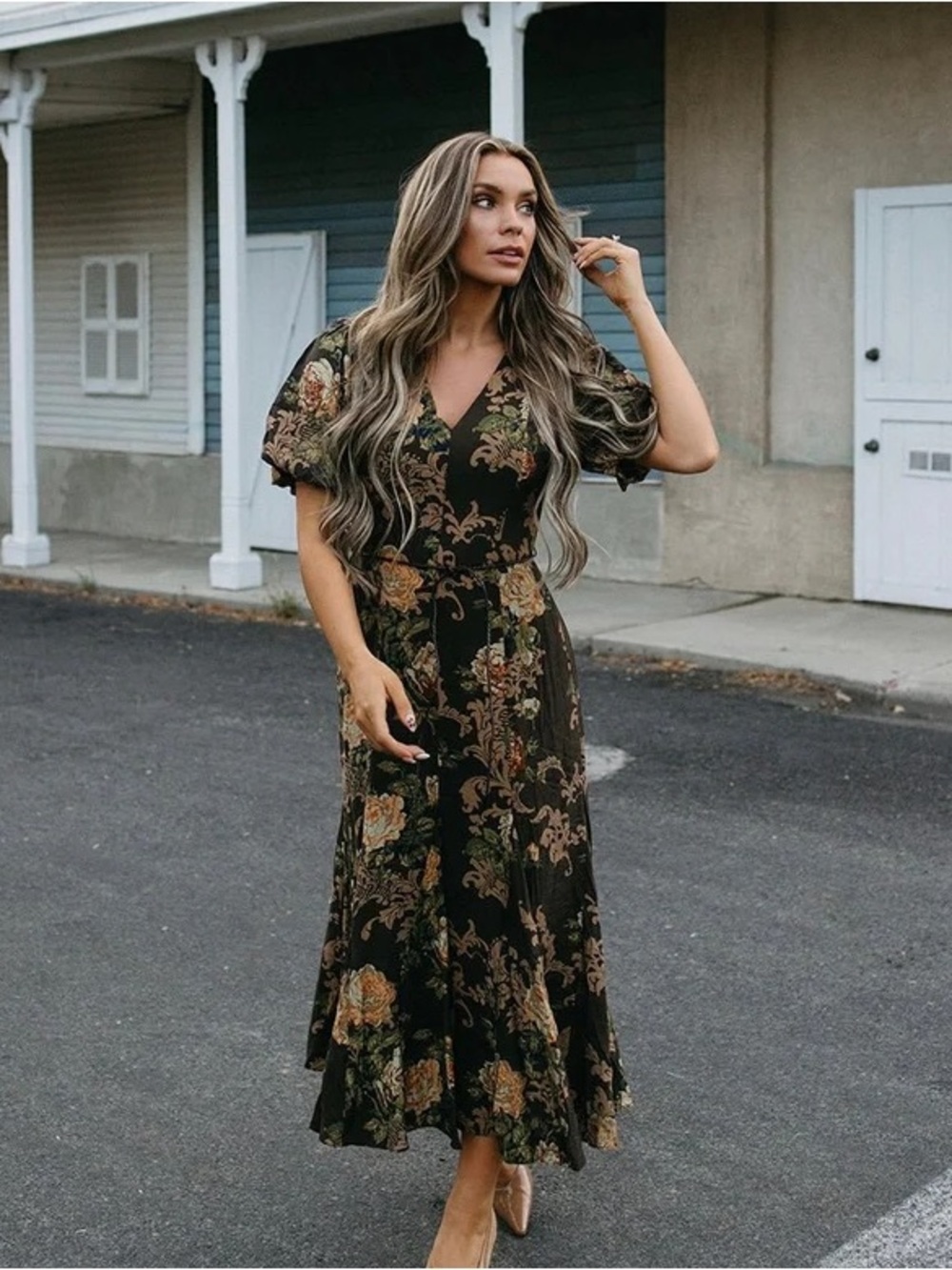 Astr Floral V-Neck Maxi Dress in Black and Olive-Tan